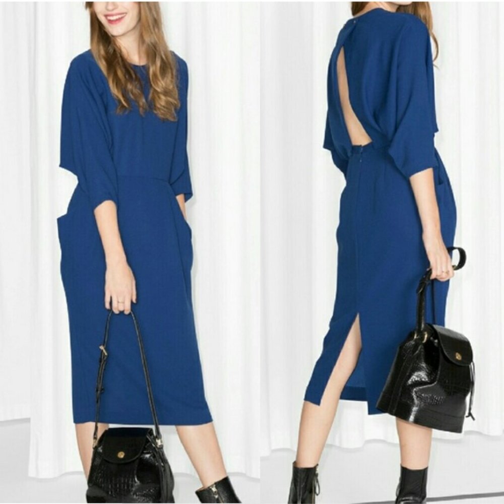 & OTHER STORIES Open Back Empire Waist Midi Dress Royal Blue Size 10